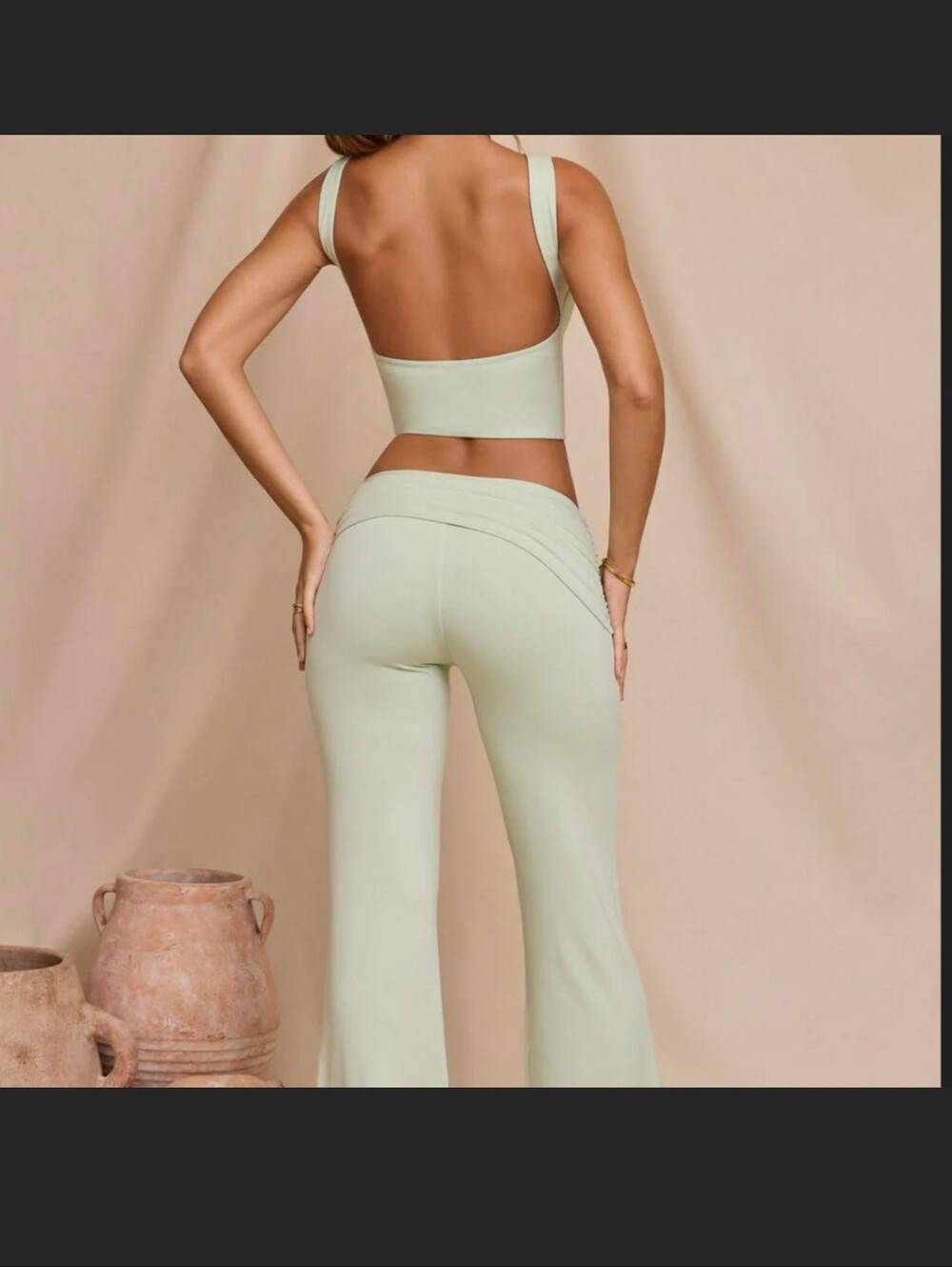 Oh Polly Low Rise Wide-Leg Flare Pants in Sage Green